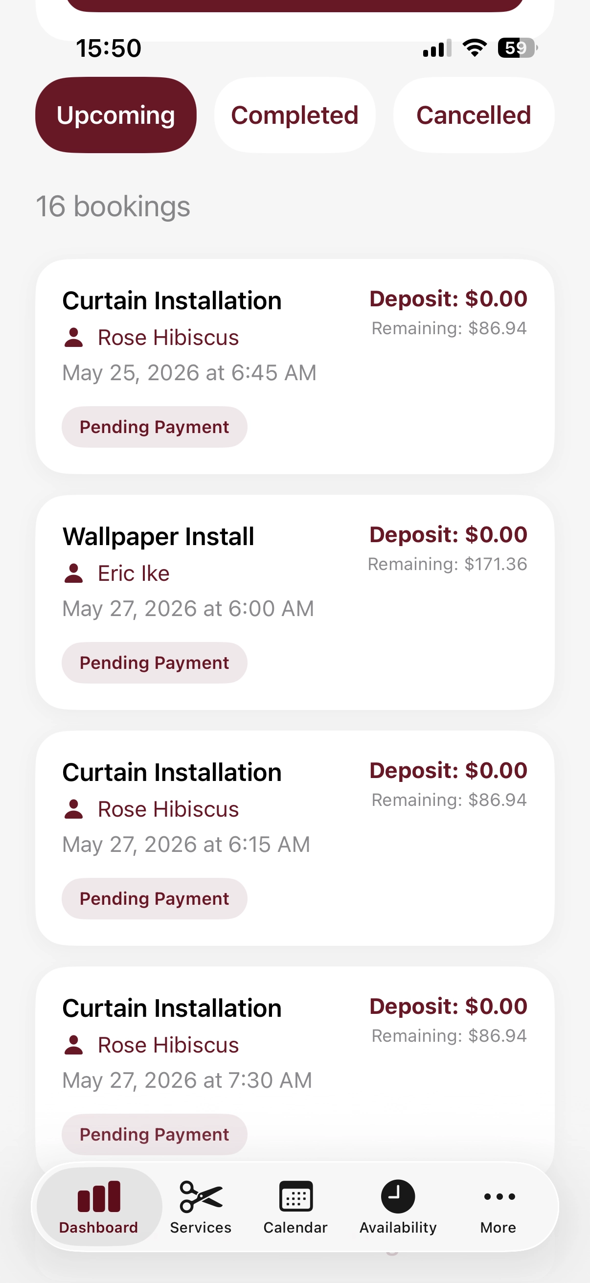 BurgundyBlend bookings list with deposit and payment details
