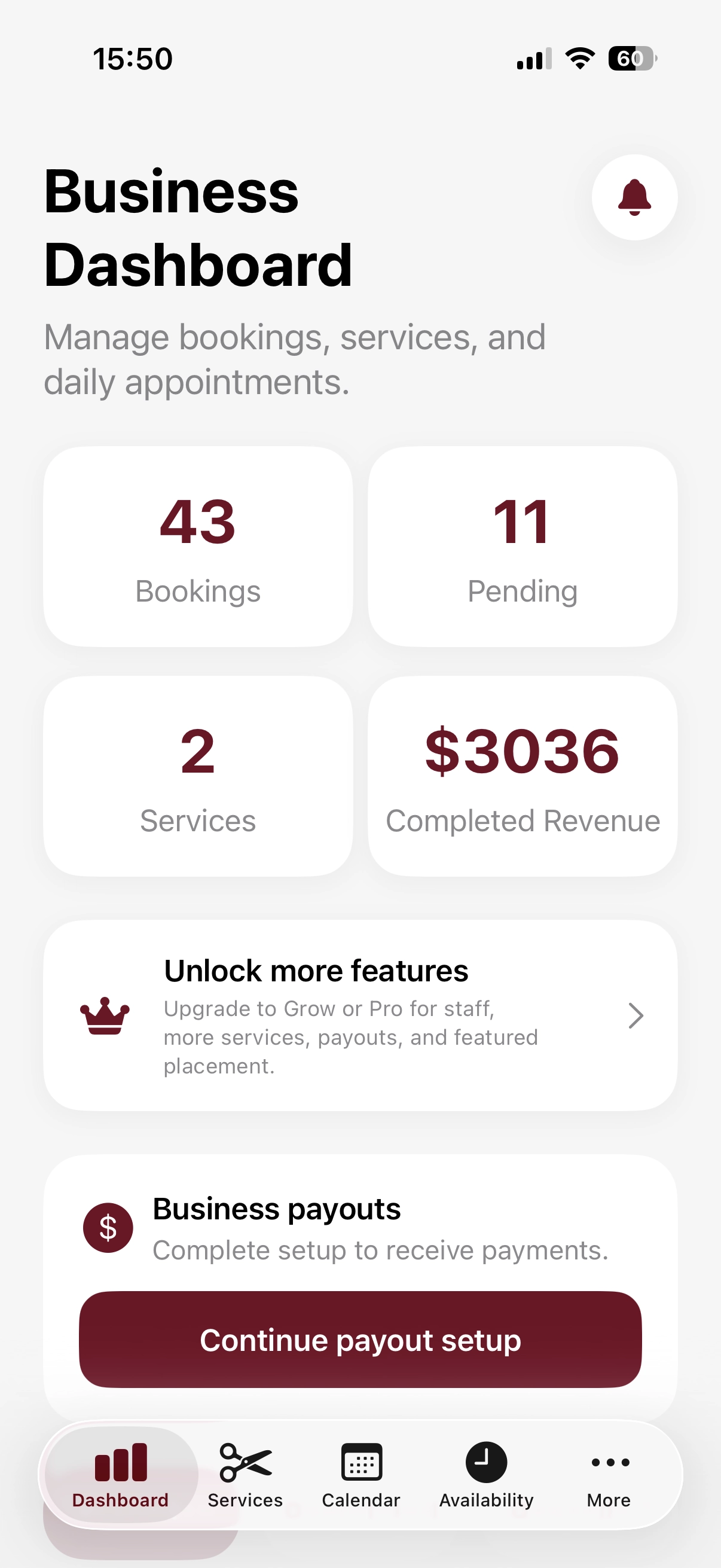 BurgundyBlend business dashboard with bookings and revenue