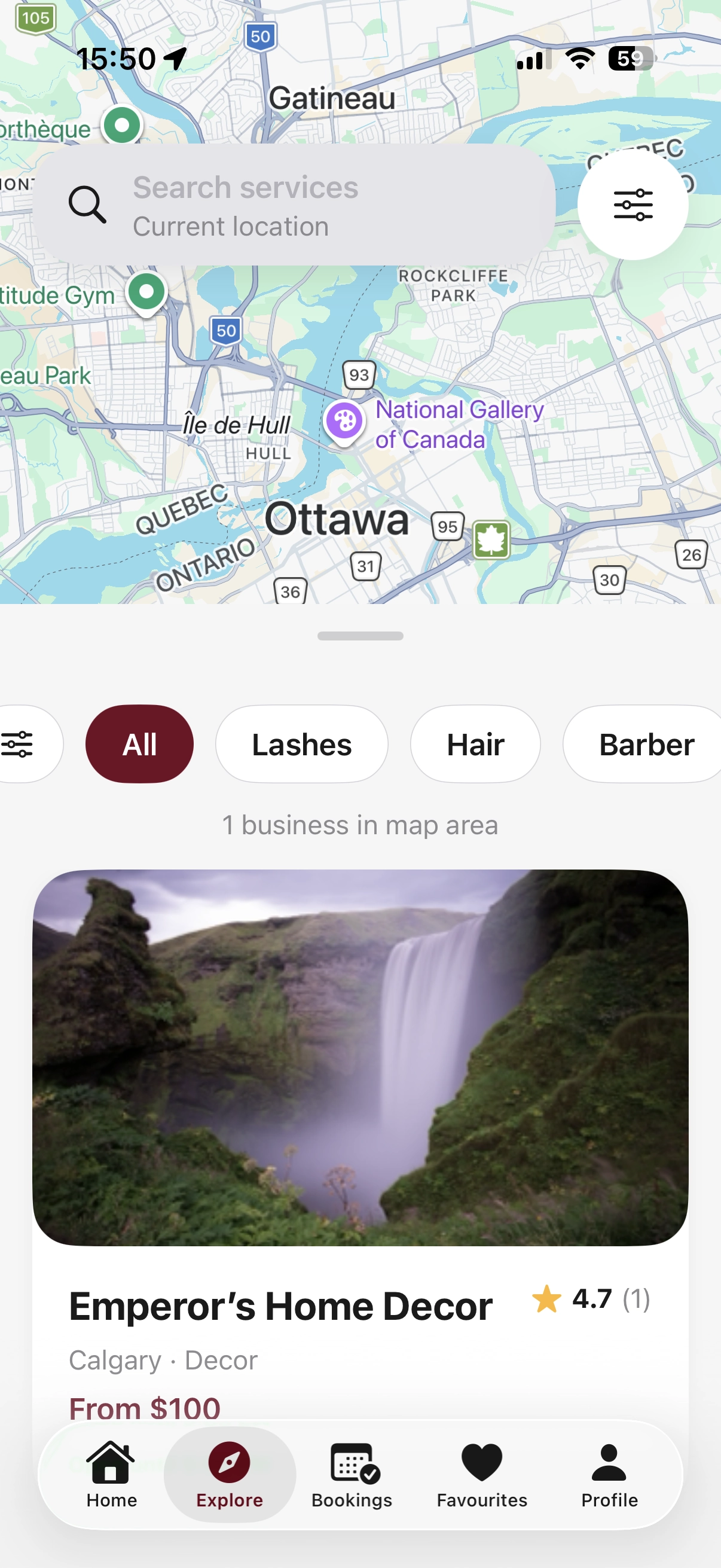 BurgundyBlend explore map showing nearby beauty businesses