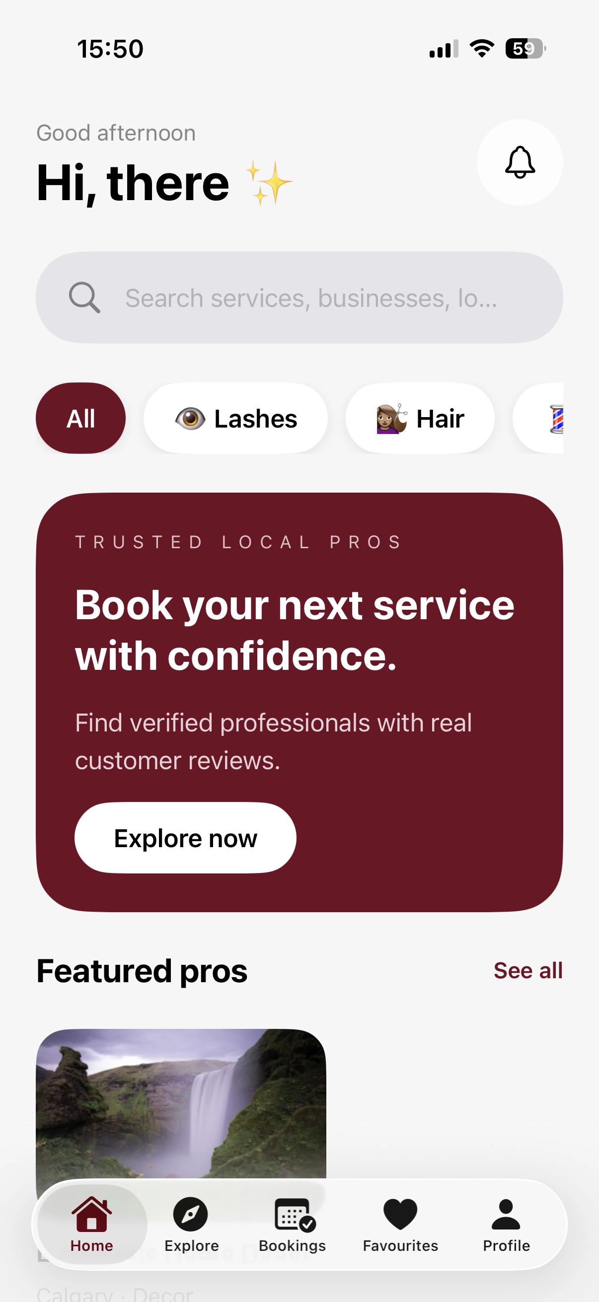 BurgundyBlend home screen showing service categories and featured professionals